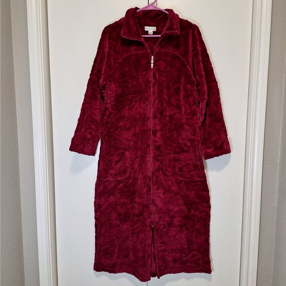 Miss Elaine Long Zip Front Jacquard Fleece Robe Medium